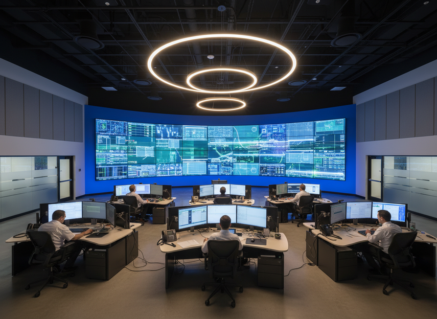 Operations control room with a large curved LED video wall and staffed operator desks