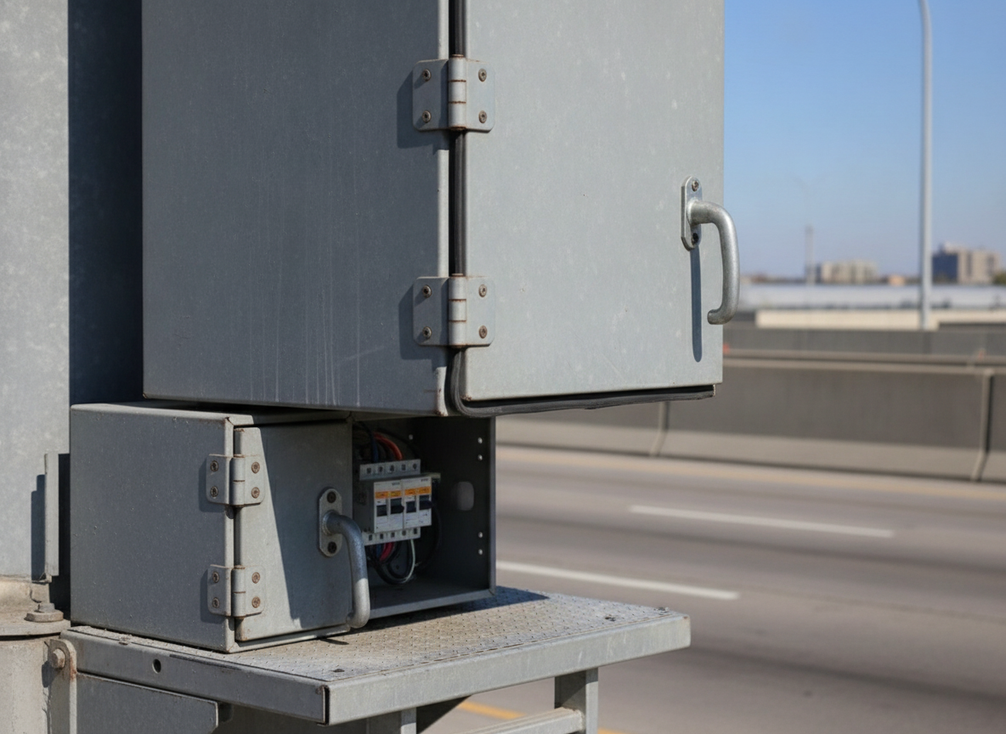 Roadside variable message sign controller enclosure with the service door open beside a freeway