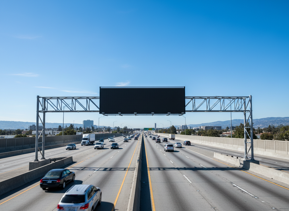 Gantry-mounted variable message sign spanning a multilane freeway seen from the driver approach