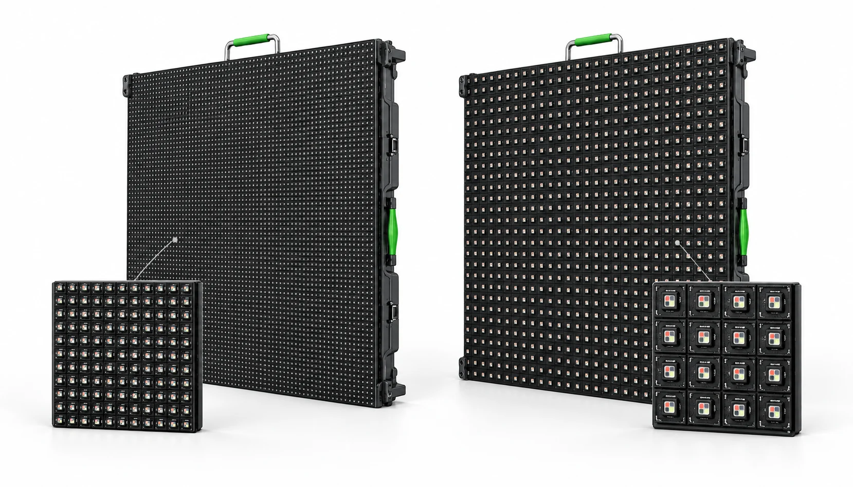 Conceptual comparison of finer and coarser LED spacing on two display panels, with enlarged module details.