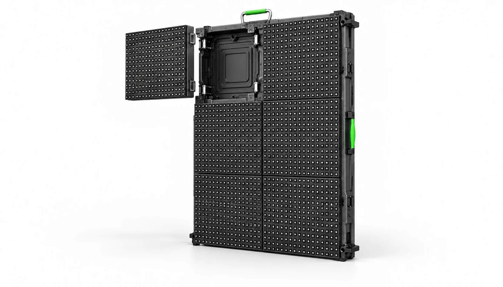 Conceptual LED display cabinet with one module moved aside to reveal its access opening.