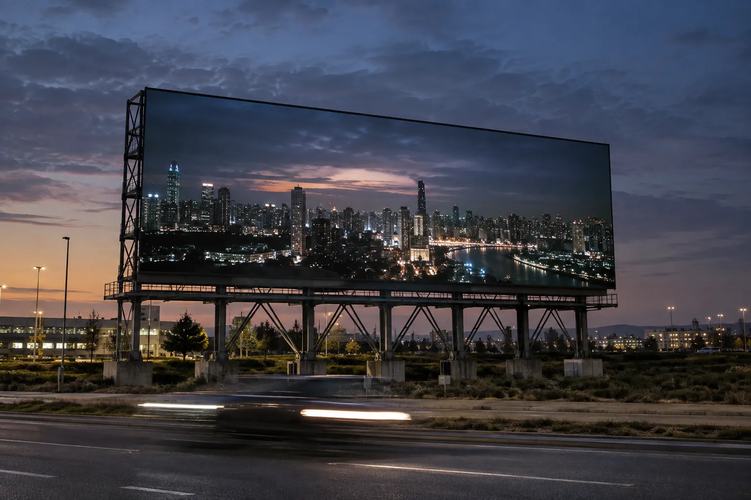Concept scene of a wide LED billboard mounted on a steel ground-support structure near a roadside commercial area, screen showing a realistic dim dusk cityscape with no readable text; illustrative only, not a real installation, site or product record.