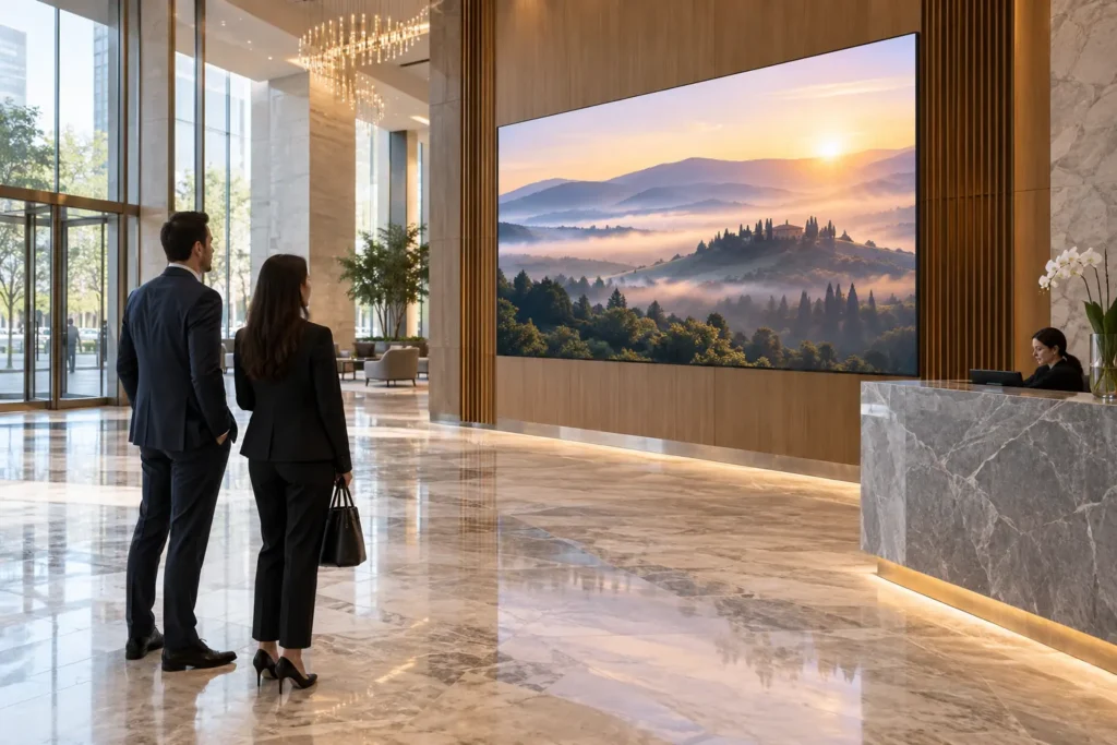 Concept scene of a business lobby where a wall-mounted LED display shows a realistic warm welcome scene and visitors approach from a natural viewing distance; illustrative only, not a real installation or product record.