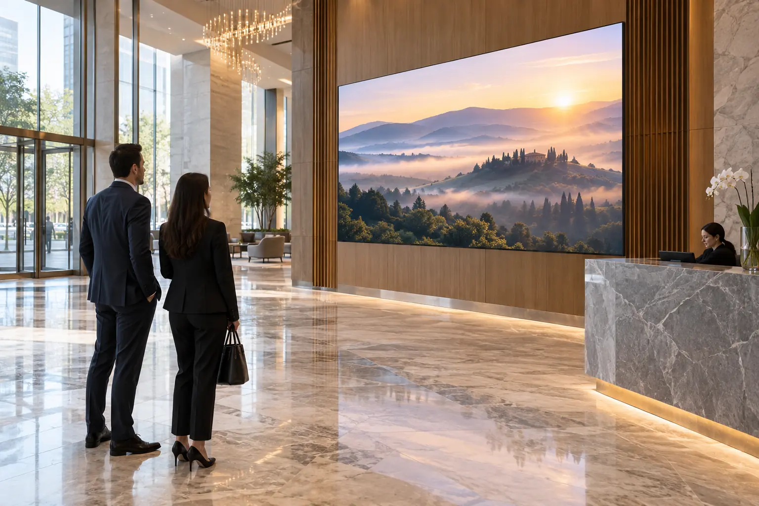 Concept scene of a business lobby where a wall-mounted LED display shows a realistic warm welcome scene and visitors approach from a natural viewing distance; illustrative only, not a real installation or product record.