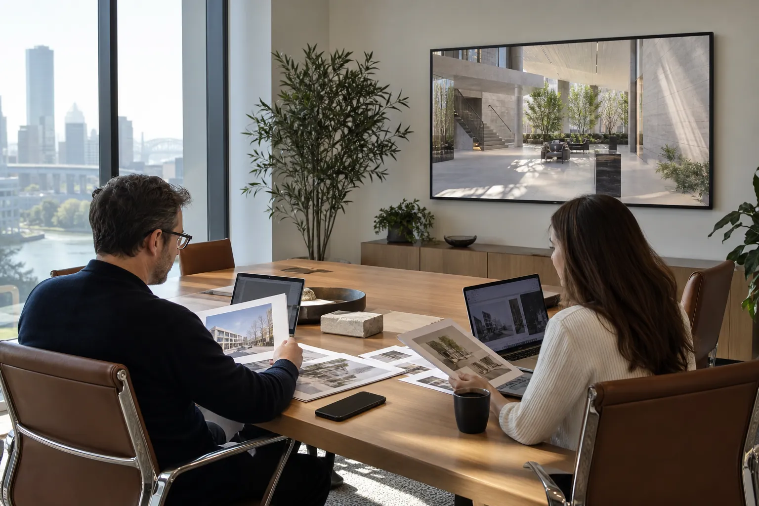 Concept scene of a procurement review meeting where display proposals are compared beside a wall display showing a realistic neutral scene; not an actual installation, product or certification record.