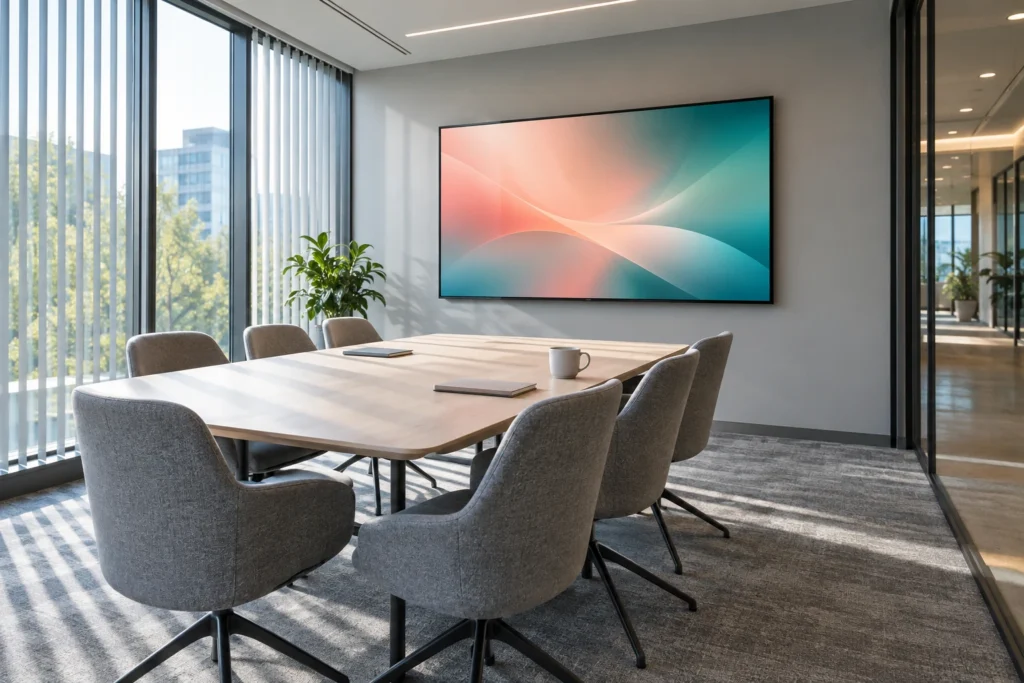 Concept scene of a meeting room with a large display, presentation table and daylight; not an actual customer installation or verified equipment configuration.