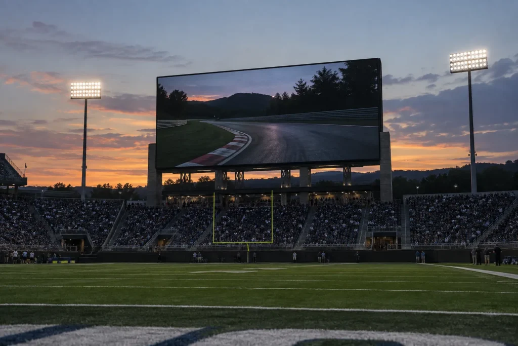 Concept scene of a large end-zone video board above outdoor grandstand seating showing a realistic dim motorsport track view without readable text; not a real venue, sponsor or installation record.