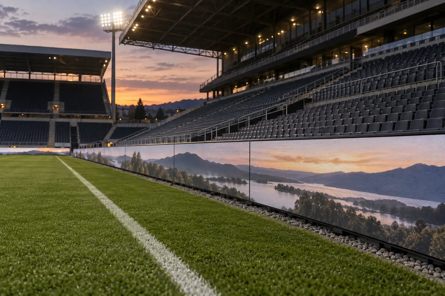Concept scene of pitch-level perimeter LED boards along a stadium sideline at dusk showing a realistic neutral landscape image without readable text; not a real match, sponsor or installation record.