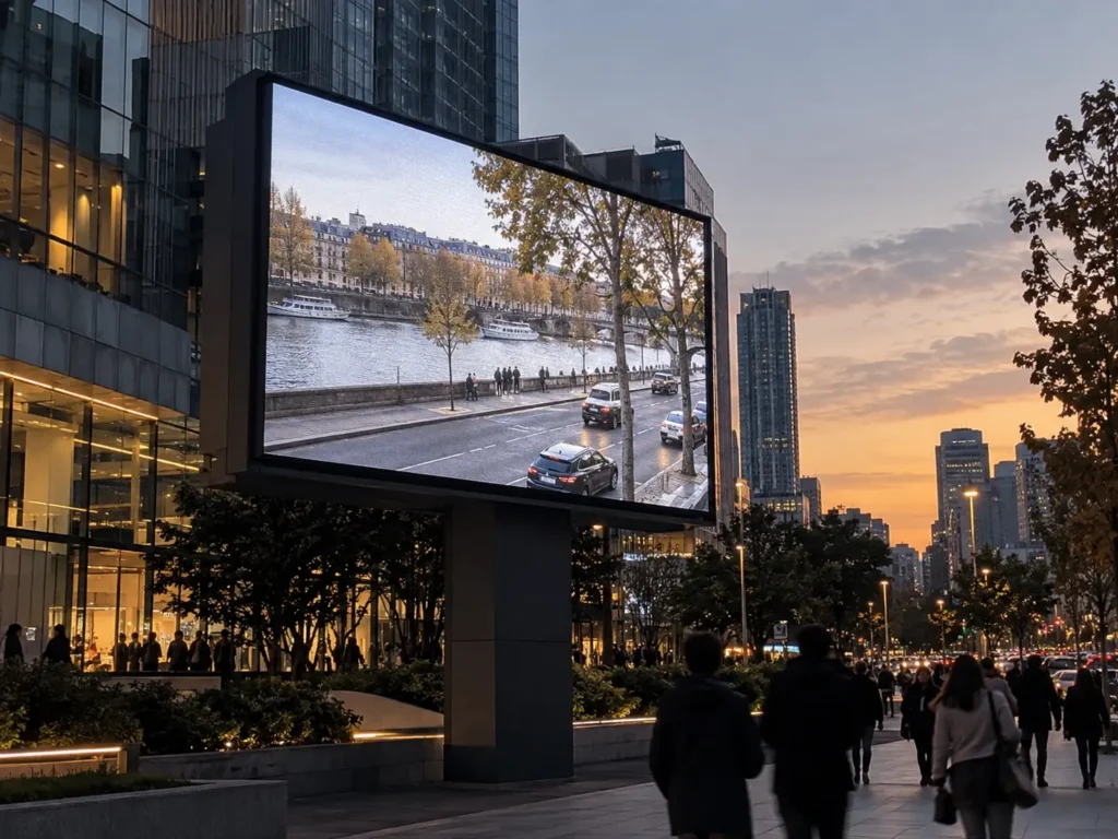 Concept scene: a realistic street-level view of a large outdoor LED billboard in a commercial district at dusk showing a muted daylight street scene with no readable text, mounted upright on a solid structure; illustrative only, not a real installation, product, brightness or performance record.