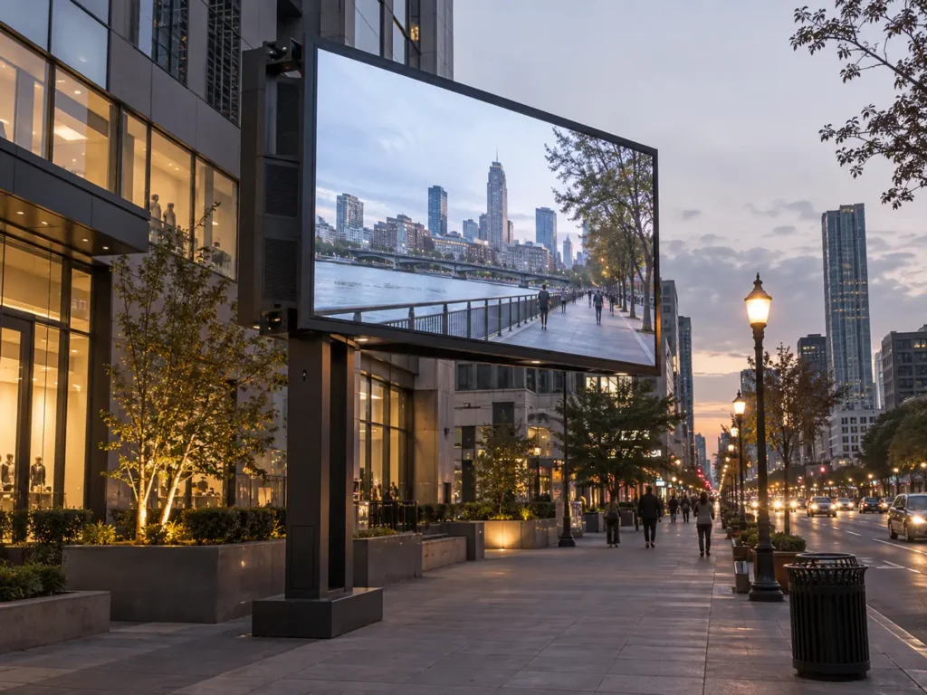 Concept scene: a realistic street-level view of a large outdoor LED billboard in a commercial district at dusk showing a muted daylight street scene with no readable text, mounted upright on a solid structure; illustrative only, not a real installation, product, brightness or performance record.