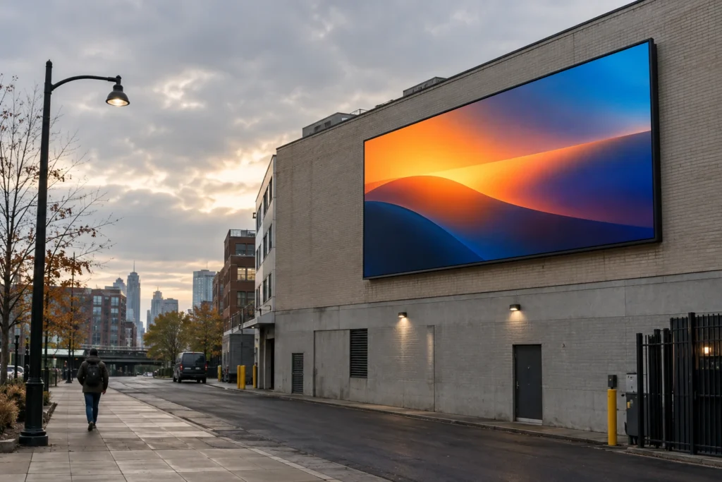 Concept street scene with an outdoor billboard and surrounding access space; not a real project, measured performance result or product specification.