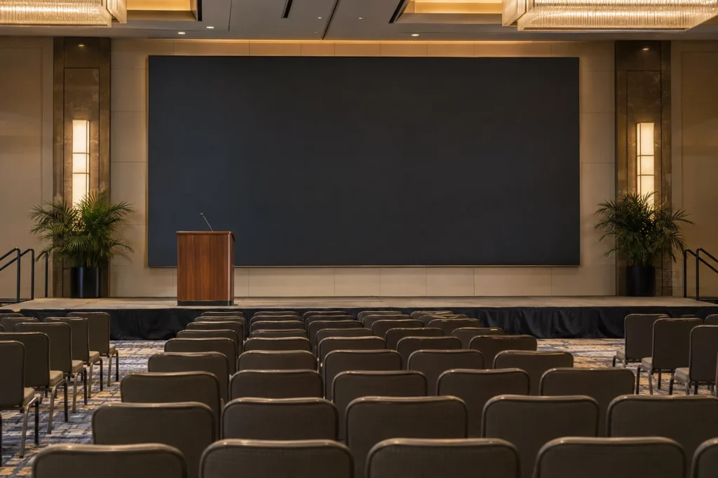 Concept scene: a realistic corporate keynote stage with an LED video wall showing a muted non-text presentation backdrop or a dark/off screen, audience seating in foreground; illustrative only, not a real event, customer, product or performance record.