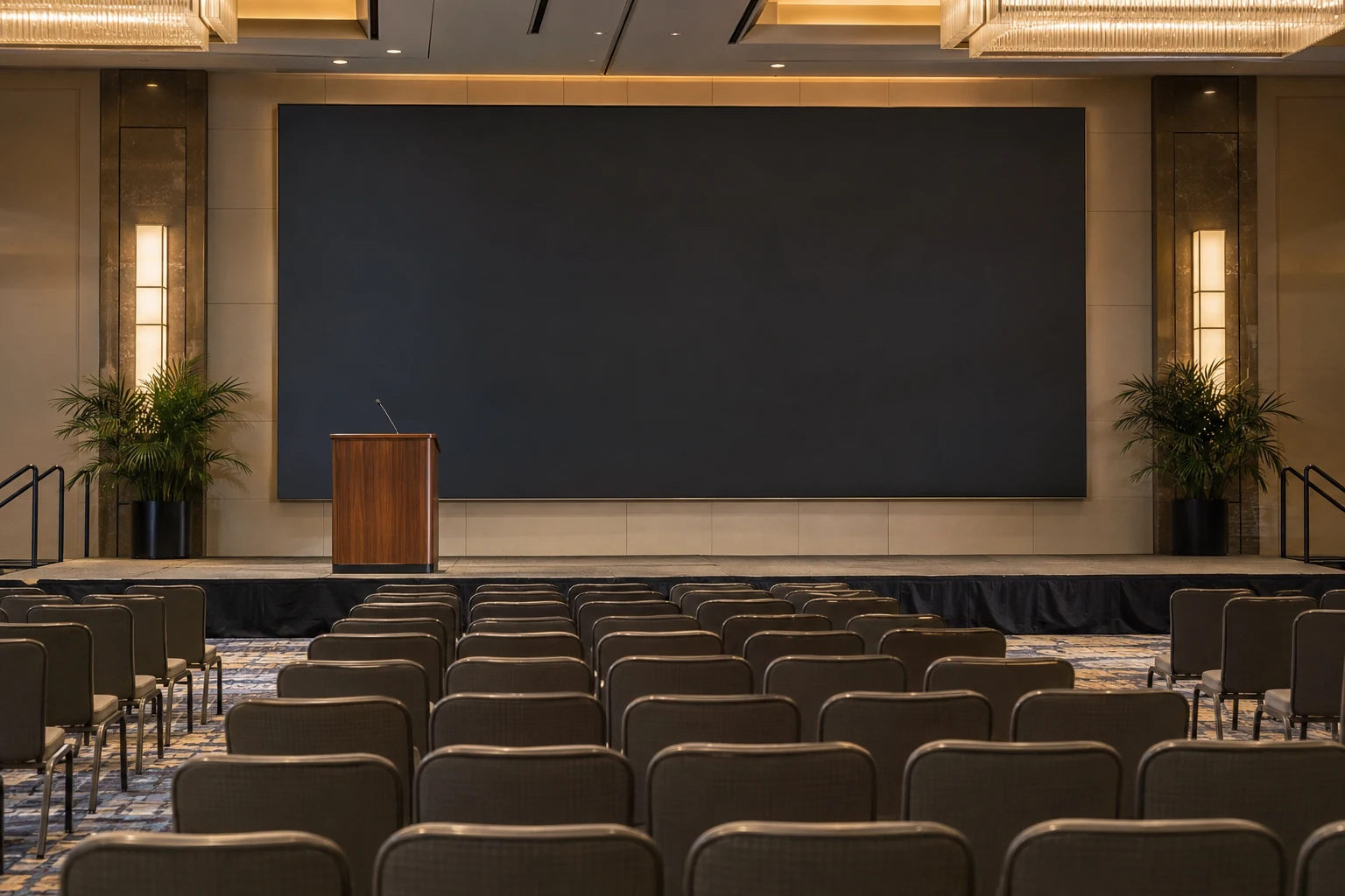 Concept scene: a realistic corporate keynote stage with an LED video wall showing a muted non-text presentation backdrop or a dark/off screen, audience seating in foreground; illustrative only, not a real event, customer, product or performance record.