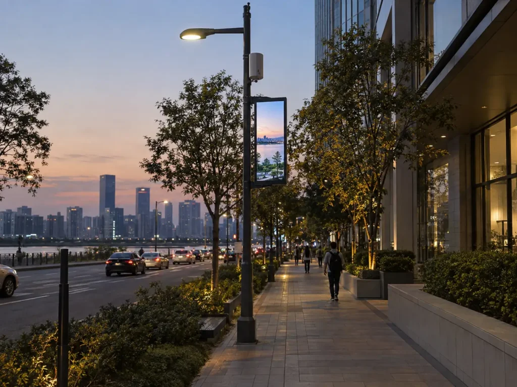 Concept scene of a city sidewalk corridor at dusk where a street pole carries a luminaire, a compact equipment enclosure, and a vertical pole-mounted display showing realistic street-scene content or a dark off screen; illustrative only, not a real installation, product, performance or certification record.