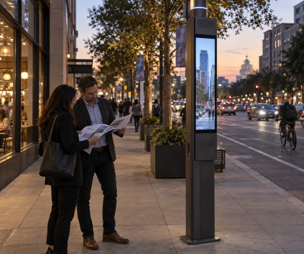 Concept scene: a slim street pole with an integral LED display panel on a downtown sidewalk at dusk, the panel showing a realistic muted city-street scene with no readable text, two planners reviewing site printouts nearby; illustrative only, not a real installation, product, performance or certification record.