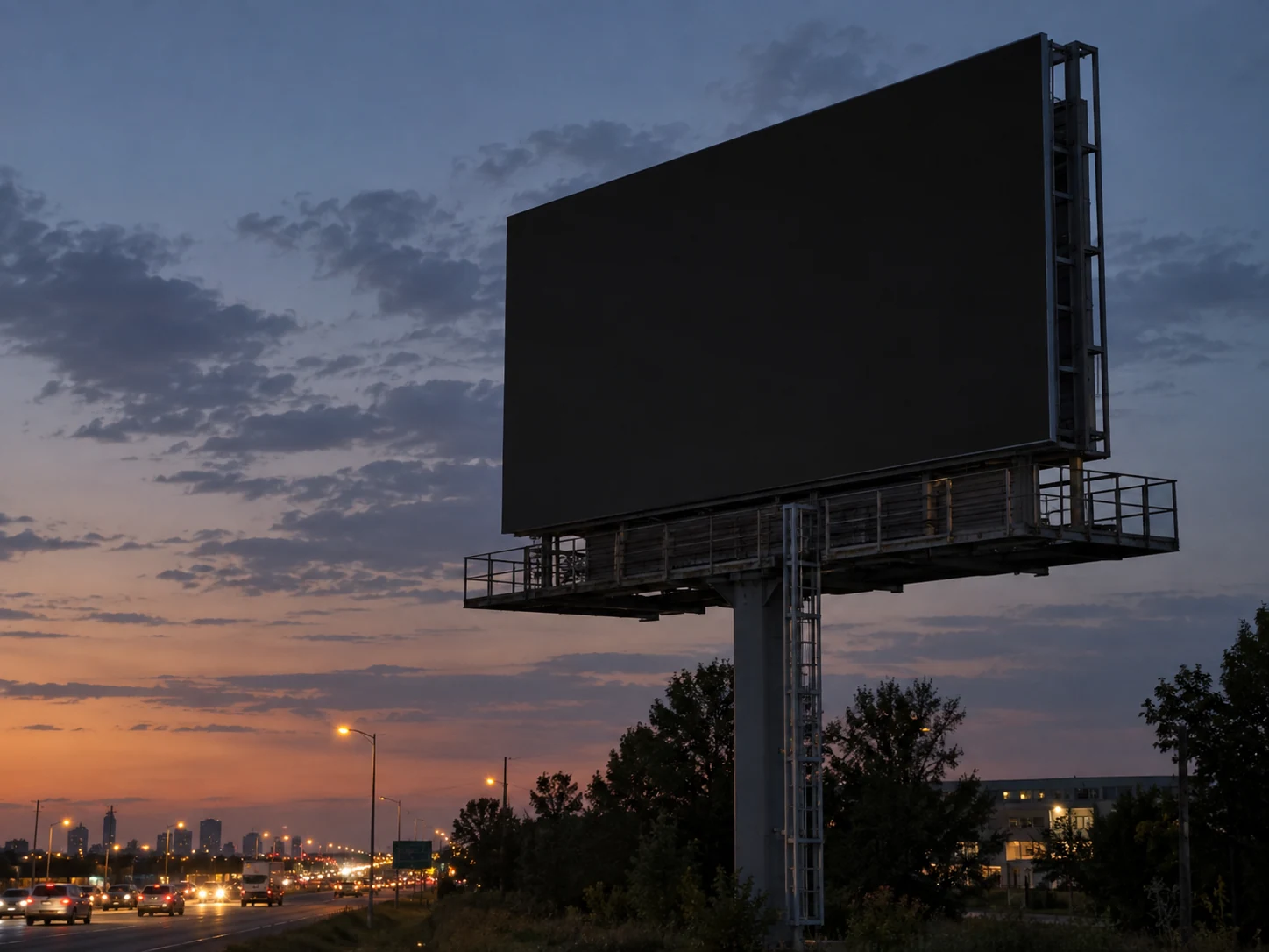 Concept scene: a technician-period view of a realistic roadside LED billboard mounted upright on a solid steel structure at dusk, screen showing a muted non-text scene or dark/off state; illustrative only, not a real customer installation, product, or maintenance record.