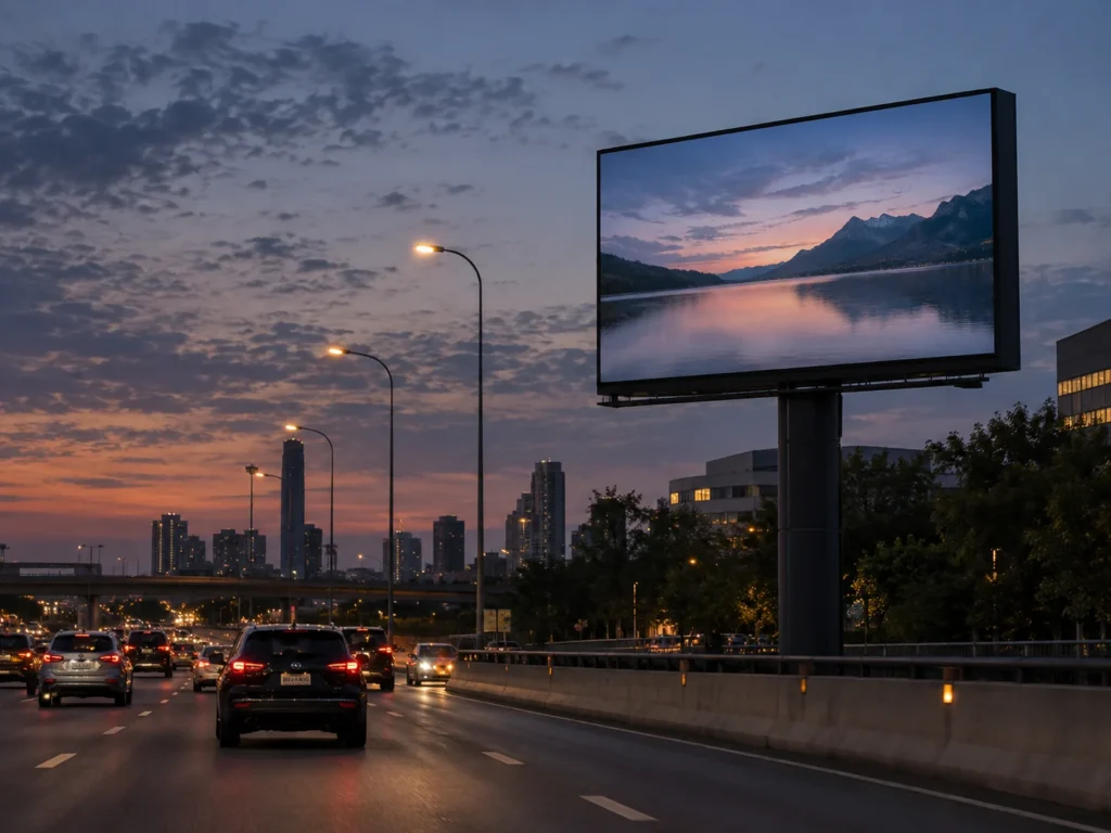 Concept scene: a realistic roadside LED billboard mounted upright on a solid structure beside a highway at dusk, screen showing a muted non-text scene or dark/off state; illustrative only, not a real installation, product, brightness or performance record.