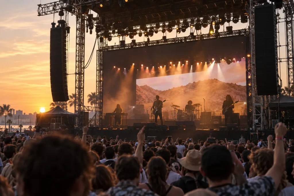 Concept scene of an outdoor festival stage beside a tree-lined waterfront where a large LED video backdrop shows a realistic live performance scene with warm stage lighting and no readable text; illustrative concept only, not a documented customer installation, location, product, performance or certification record.