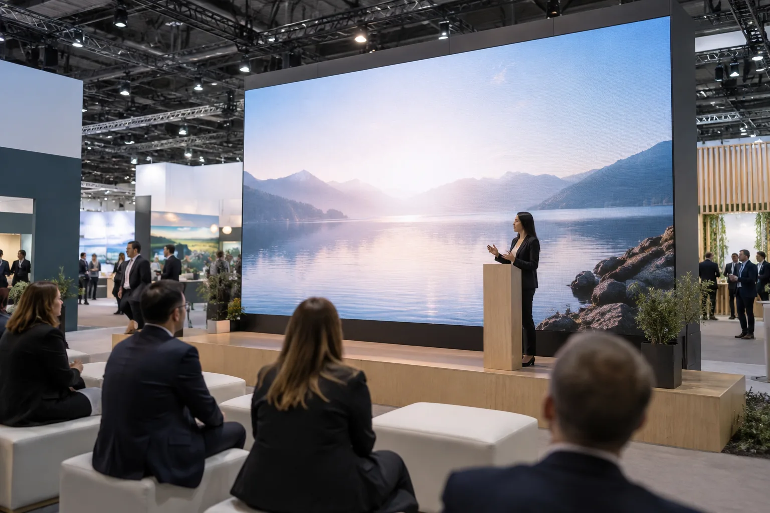 Concept scene of an indoor exhibition hall where a tall rental LED video wall shows a realistic product-presentation scene without readable text; illustrative concept only, not a documented customer event, location, product, performance or certification record.