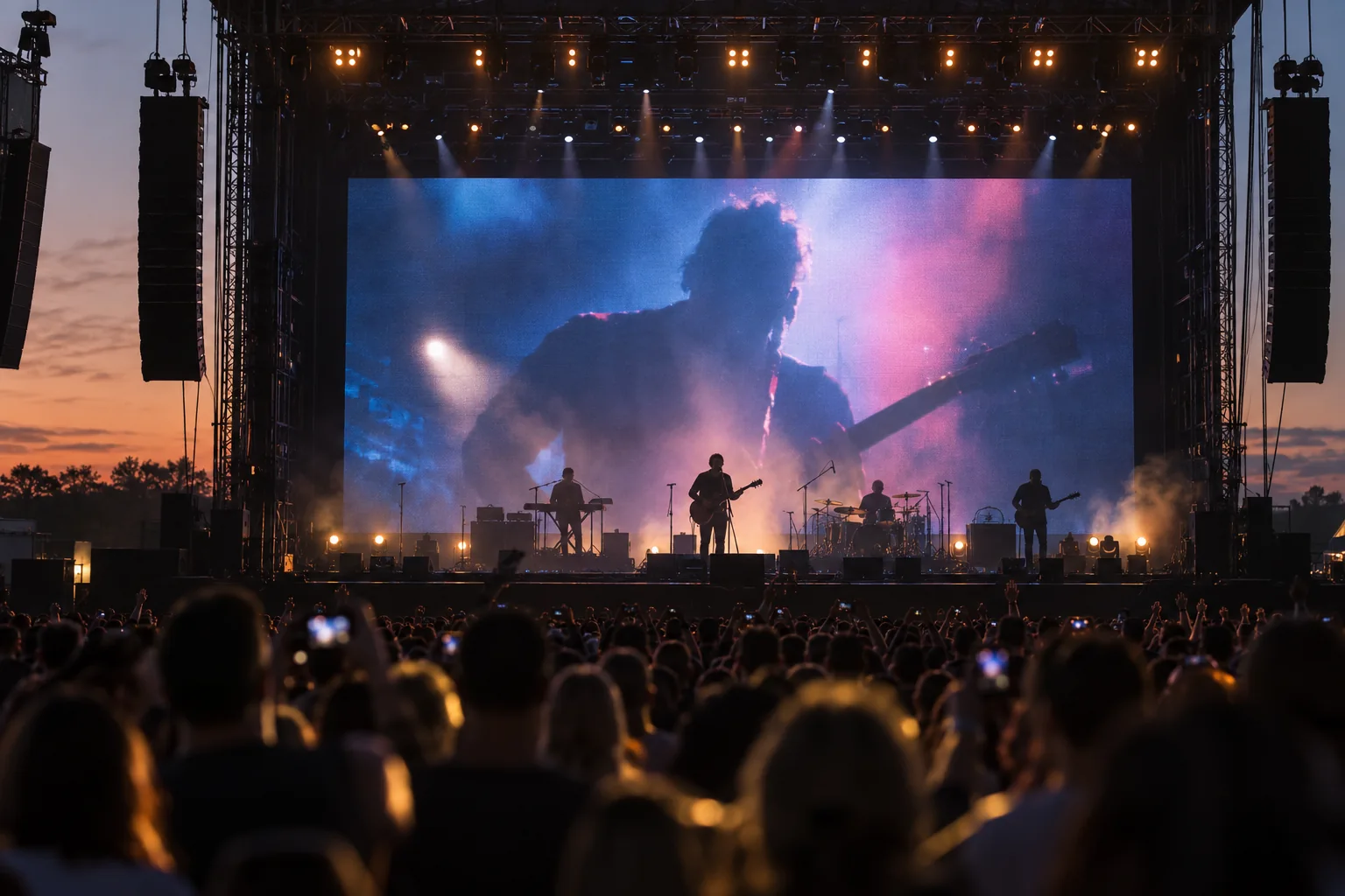 Concept scene of an outdoor festival main stage at dusk where a wide LED backdrop shows a realistic performance moment with no readable text; illustrative concept only, not a documented event, product, performance or certification record.