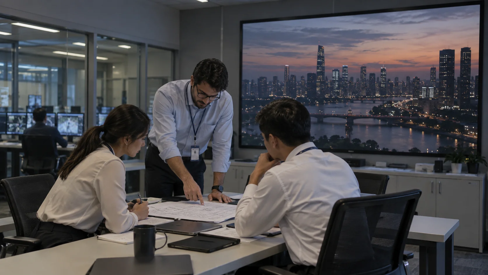 Concept scene: operations and facilities staff review a service checklist around a table in a control-room annex while a large LED display shows a realistic dim city skyline; illustrative only, not a real review or product record.