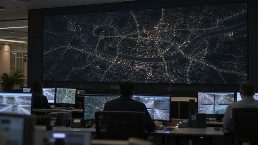 Concept scene: operators monitor a mission-critical control room while a large LED video wall shows a realistic city traffic map with no readable text; illustrative only, not a real installation or product evidence.