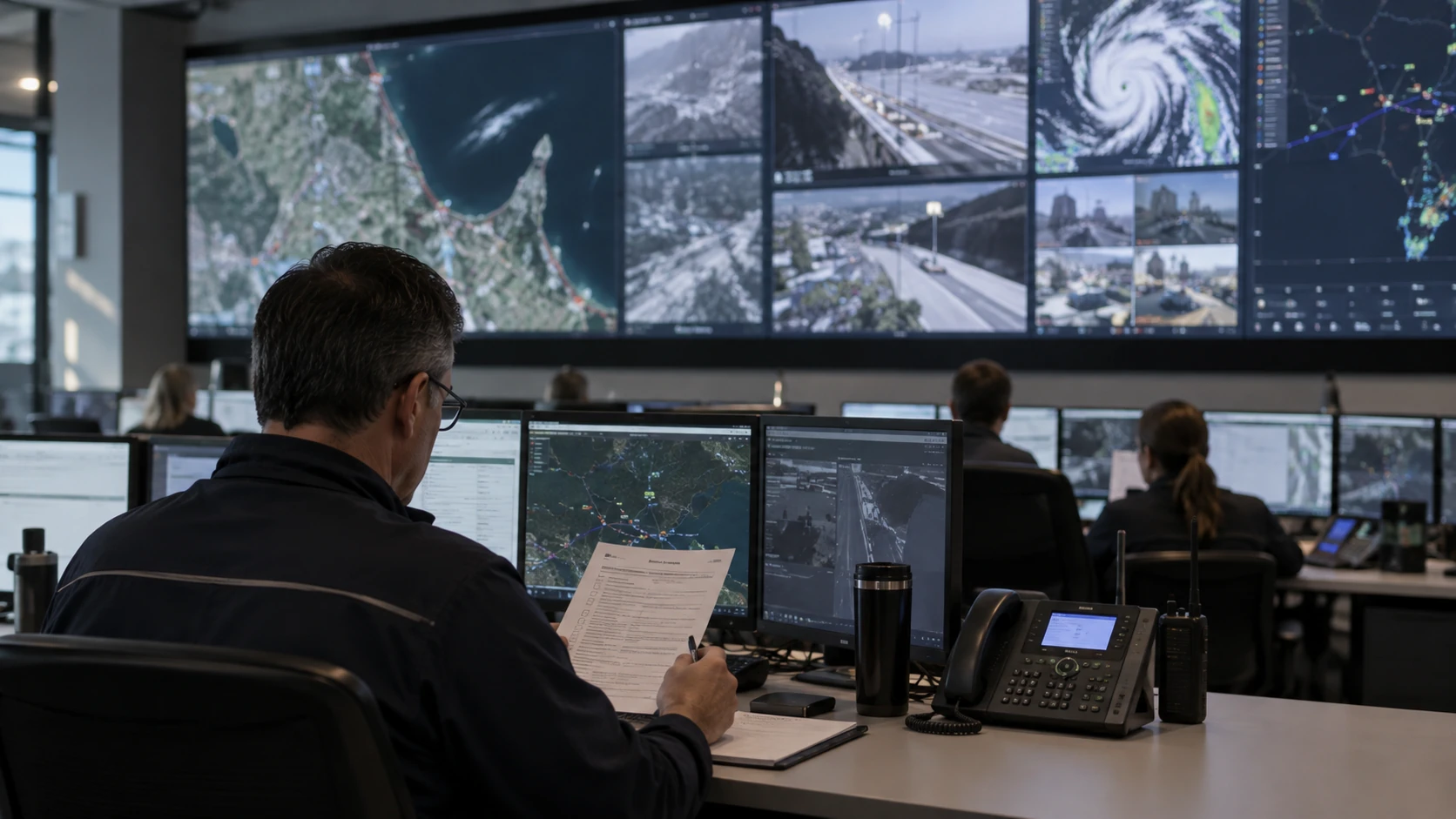 Concept scene: a technician in a control room works through a printed recovery checklist while the LED wall behind shows a realistic dim control dashboard view with no readable text; illustrative only, not a real procedure or product record.