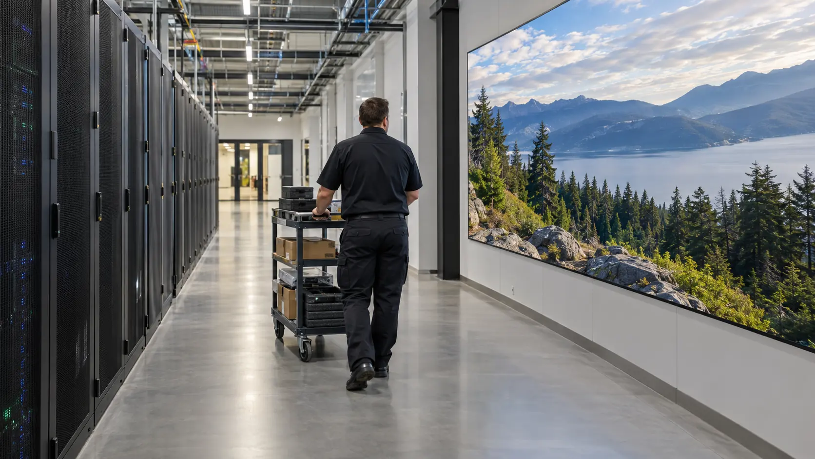 Concept scene: a service technician wheels a spare-parts cart along a server-room corridor past a large LED video wall showing a realistic landscape; illustrative only, not a real inventory or product record.