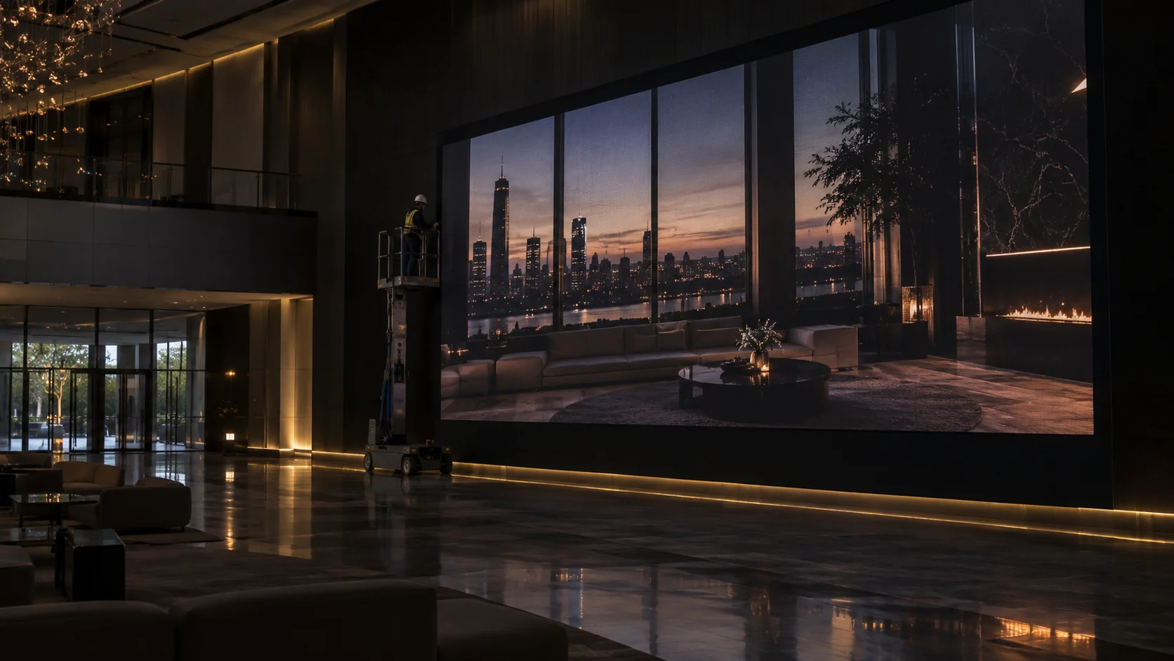 Concept scene: a service technician on a platform performs a module swap on a large indoor LED video wall in a darkened hall, the wall showing a realistic dim architectural view; illustrative only, not a real service event or product record.