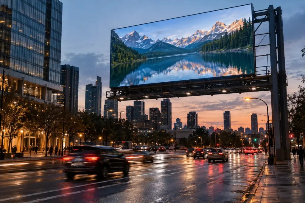 Concept scene of a city intersection at dusk where a large roadside LED billboard shows a realistic photographic landscape; not an actual installation or measurement result.