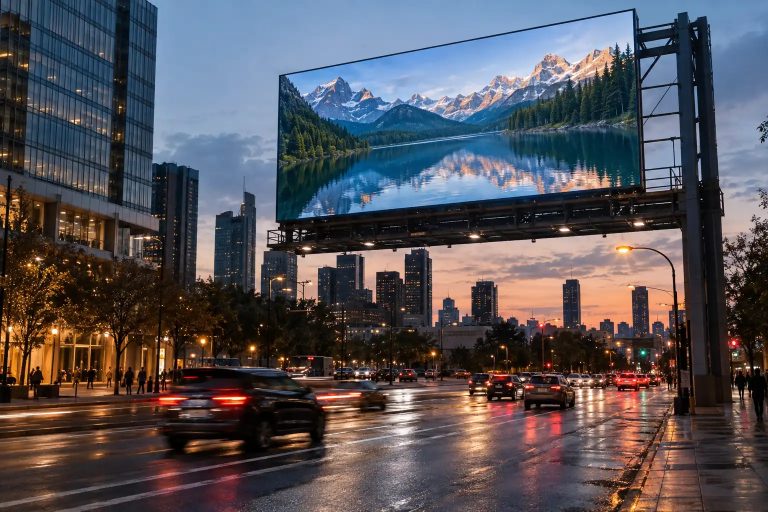 Concept scene of a city intersection at dusk where a large roadside LED billboard shows a realistic photographic landscape; not an actual installation or measurement result.