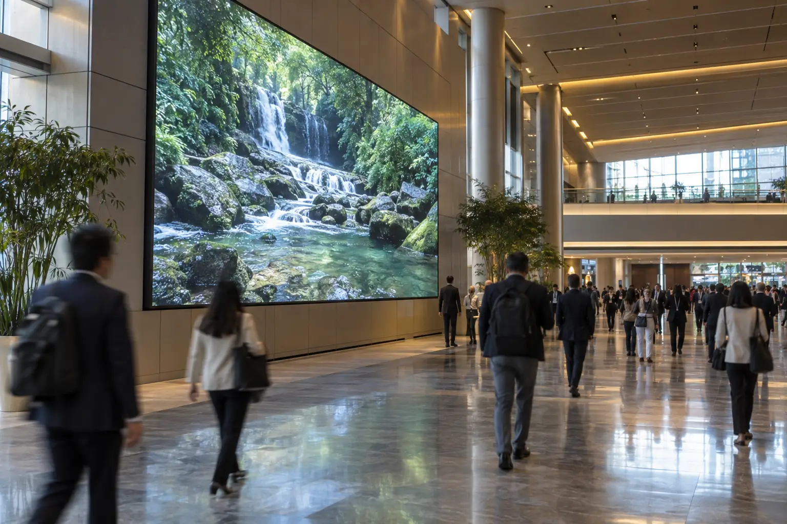 Concept scene of a venue concourse where a large LED display shows a realistic ambient nature visual while visitors walk past; not an actual installation or dwell-time measurement.