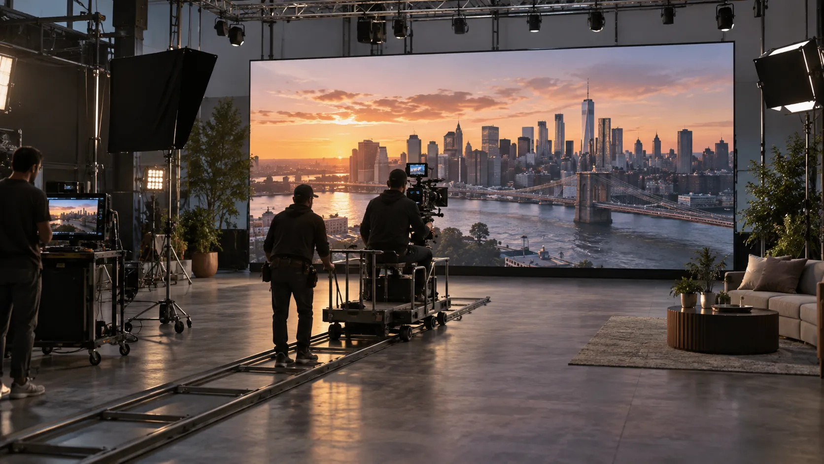 Concept scene: a film camera on a dolly positioned at a distance from a large LED video wall that shows a realistic city-scape photograph; illustrative only, not a real stage or product evidence.