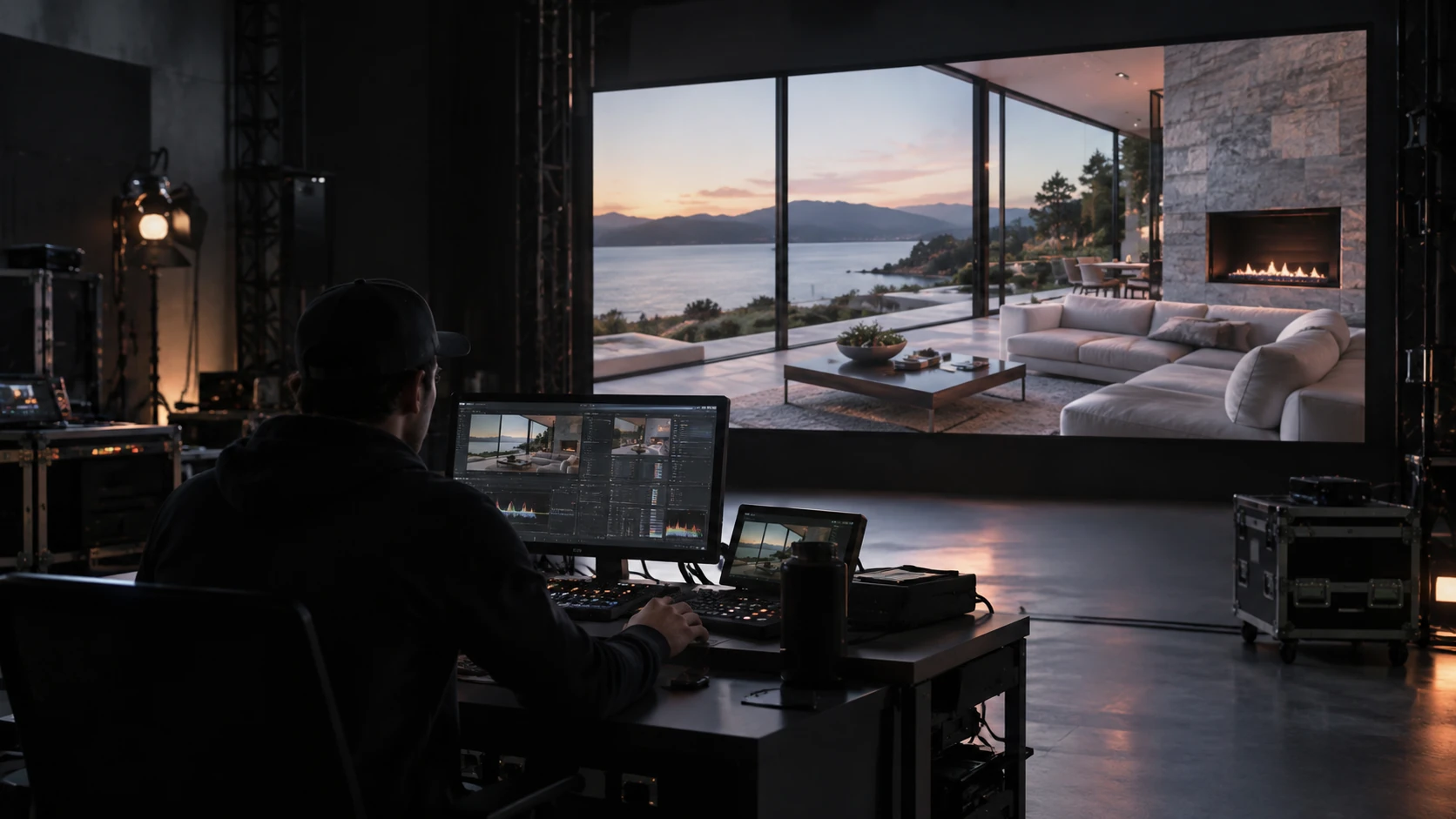 Concept scene: an operator at a video-processing control desk in a dim studio while a large LED wall in the background shows a realistic architectural scene; illustrative only, not a real control room or product record.