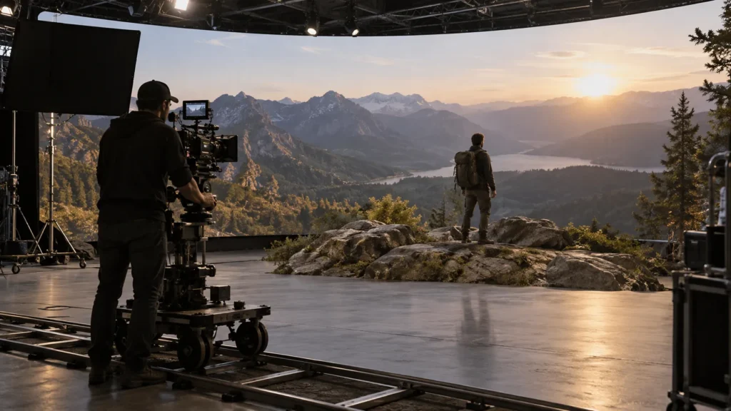 Concept scene: a virtual production stage with a camera operator and a large curved LED wall backdrop showing a realistic mountain landscape; illustrative only, not a real studio or product evidence.