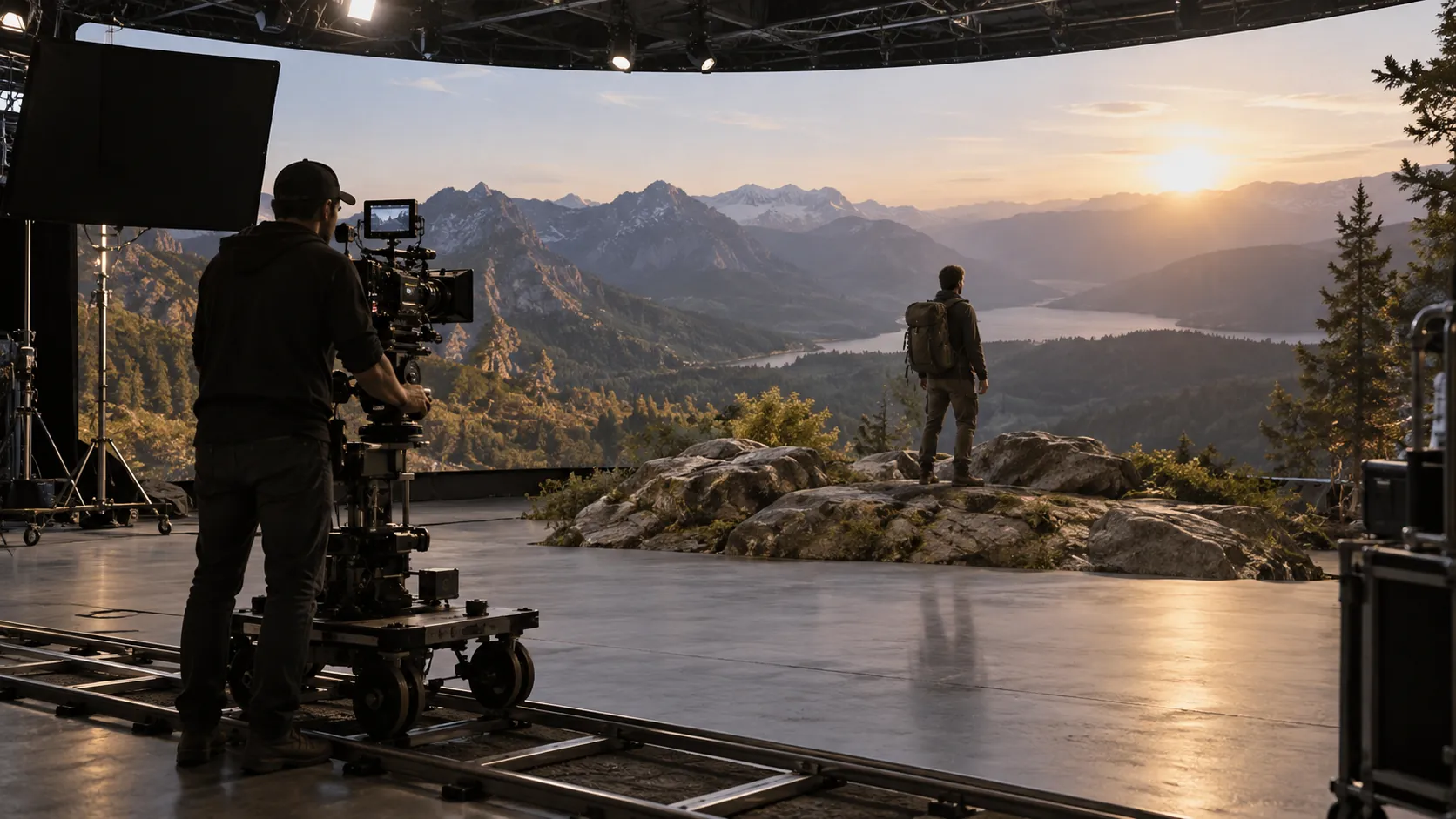 Concept scene: a virtual production stage with a camera operator and a large curved LED wall backdrop showing a realistic mountain landscape; illustrative only, not a real studio or product evidence.