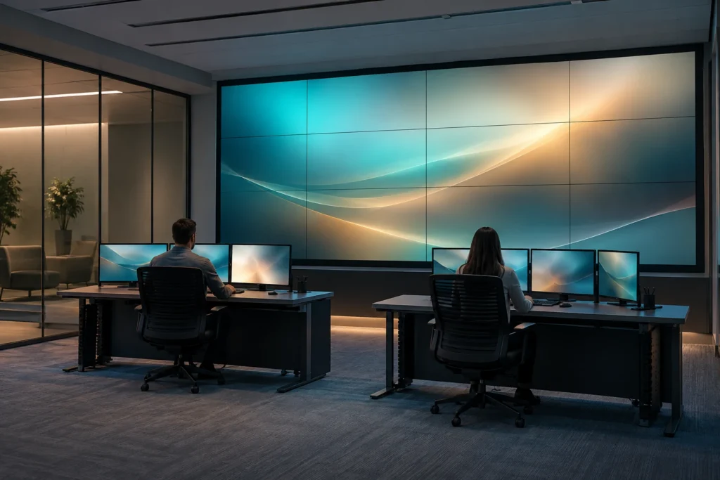 Concept wide view of a control room with operators and a wall display; not a verified installation, equipment model or uptime claim.