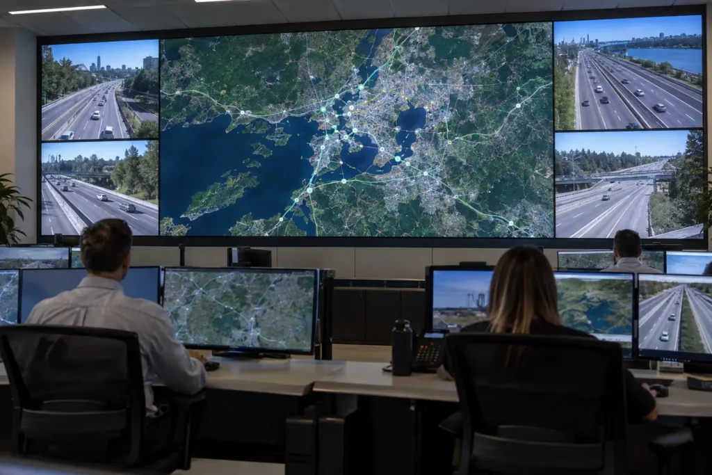 Concept scene of a control-room evaluation meeting with operators at consoles in front of a wide fine-pitch video wall showing realistic map and telemetry panels; illustrative planning concept only, not a documented installation or measured result.