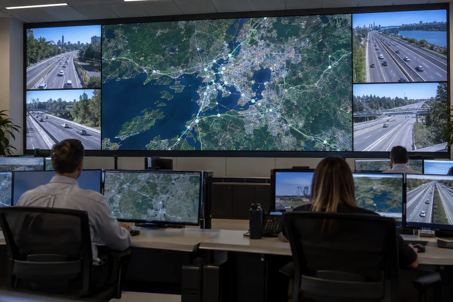 Concept scene of a control-room evaluation meeting with operators at consoles in front of a wide fine-pitch video wall showing realistic map and telemetry panels; illustrative planning concept only, not a documented installation or measured result.