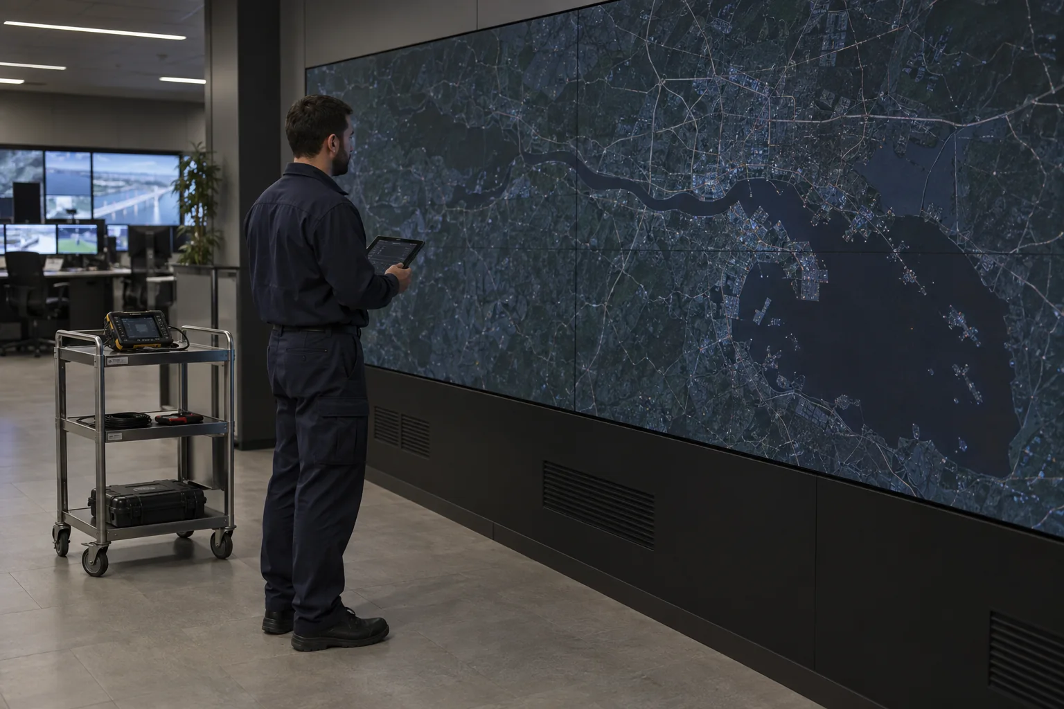 Concept control-room scene: a technician holds a tablet beside a service cart and a large video wall showing a map; not a real installation or maintenance record.