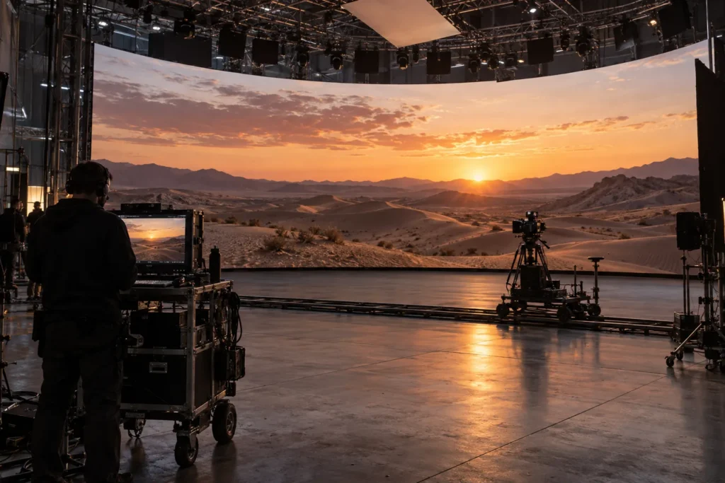 Concept scene of a film-stage XR LED volume during a pre-call uniformity check, the curved wall displaying a realistic dusk desert landscape with no readable text; a crew member reviews a reference monitor; illustrative only, not a real production, installation or product record.
