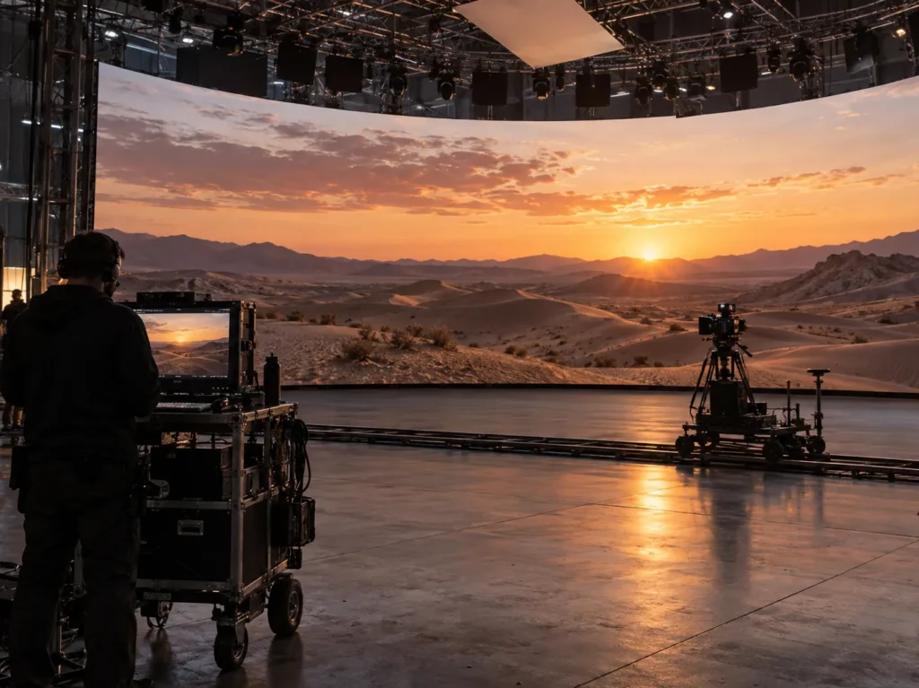Concept scene of a film-stage XR LED volume during a pre-call uniformity check, the curved wall displaying a realistic dusk desert landscape with no readable text; a crew member reviews a reference monitor; illustrative only, not a real production, installation or product record.