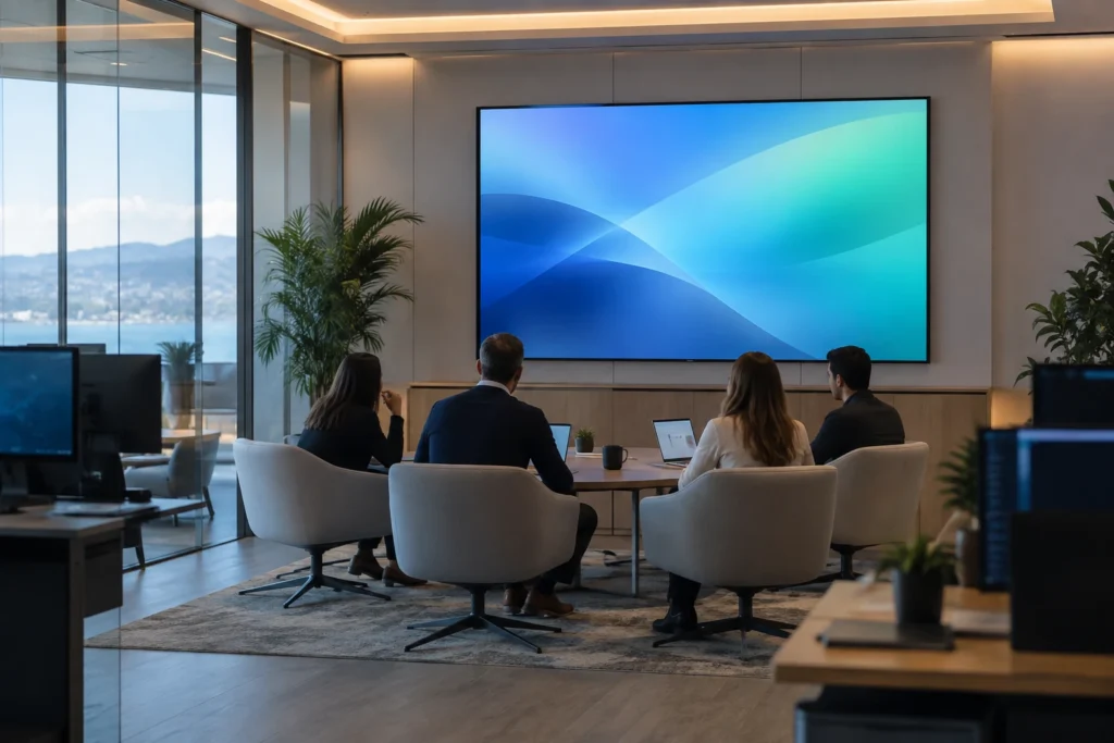 Concept scene of a procurement team reviewing display proposals in a control-room meeting area; not a real customer installation, model or certification record.