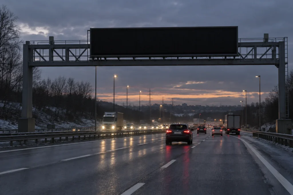 Concept scene of a multilane highway at dusk with an overhead gantry-mounted variable message sign in a dark off-screen state; not an actual agency installation or project record.