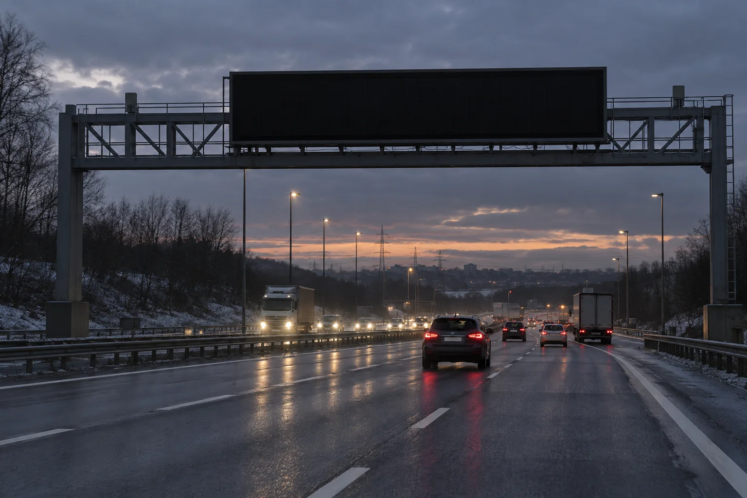 Concept scene of a multilane highway at dusk with an overhead gantry-mounted variable message sign in a dark off-screen state; not an actual agency installation or project record.