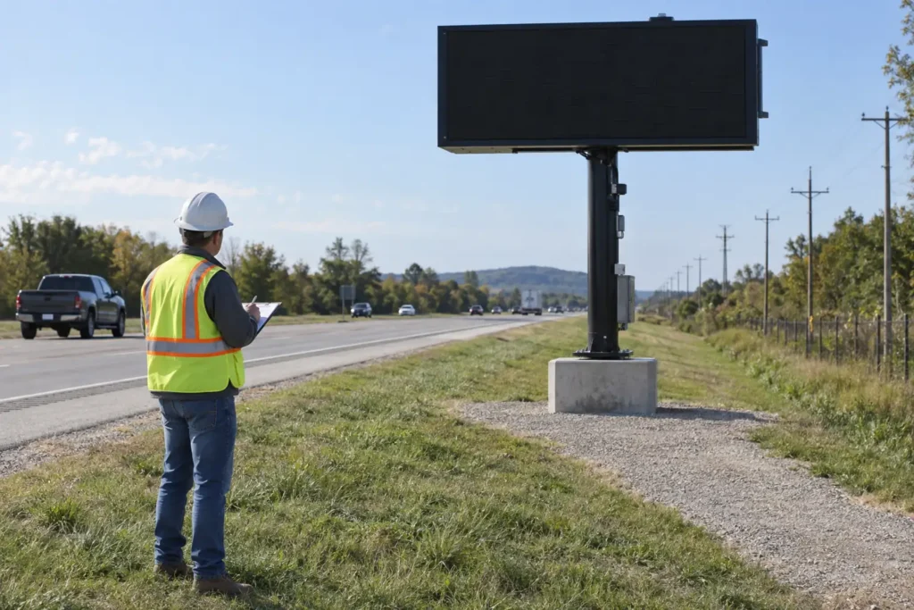 Concept scene of a traffic engineer surveying a roadside VMS structure and access path; illustrative only, not a real personnel, site or agency record.