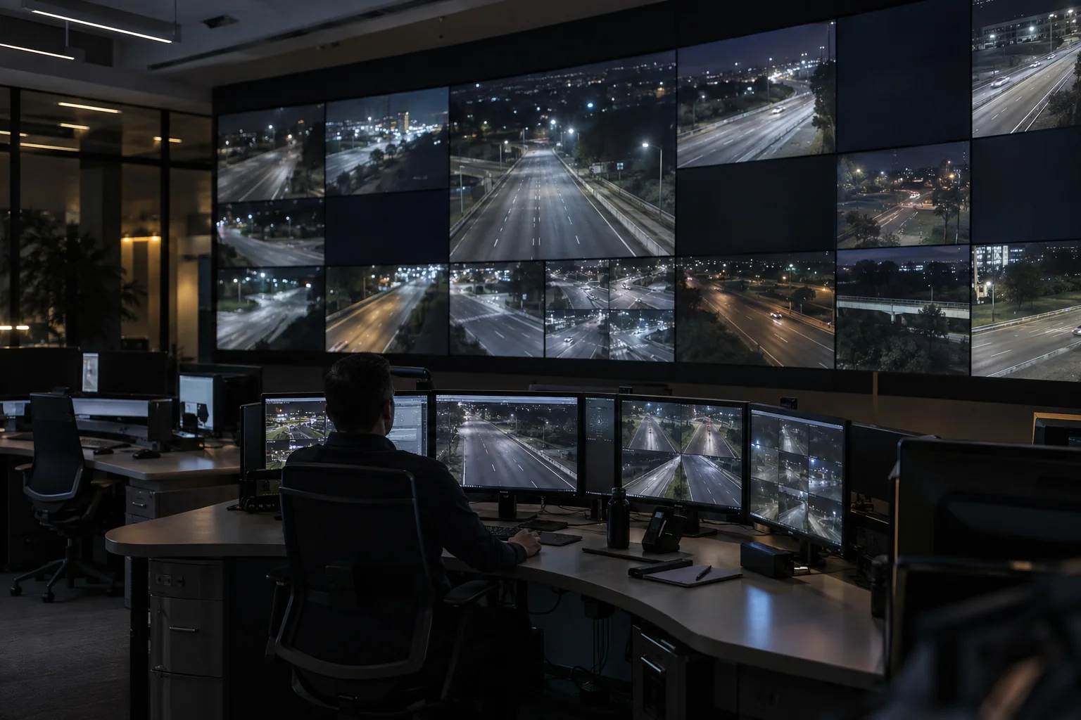 Concept scene of a transportation management center operations room where an operator reviews a wall display showing a realistic dim roadway camera view with no readable text; illustrative only, not a real agency system record.