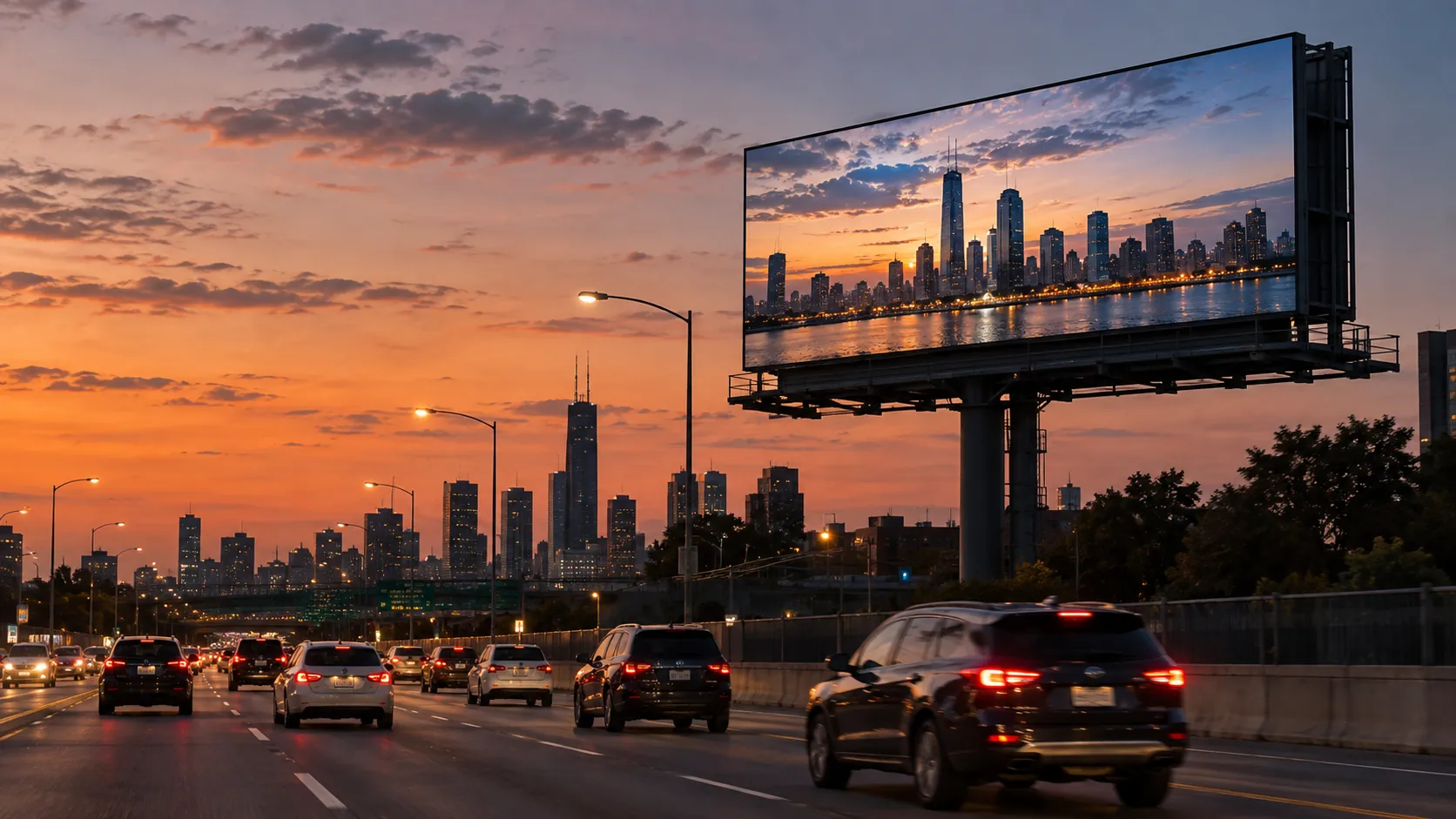 Concept scene: an outdoor digital billboard above a busy roadway at dusk shows a realistic photograph of a city skyline with no readable text, mounted at a natural fixed angle; illustrative only, not a real placement or measurement result.