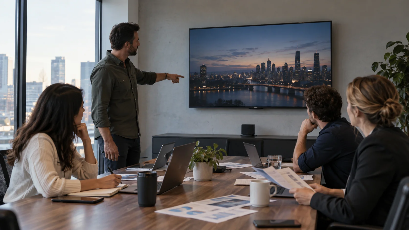 Concept scene: a marketing team reviews a payback-model printout and laptops around a meeting table while a wall display in the background shows a realistic dim city photo with no readable text; illustrative only, not a real report or result.