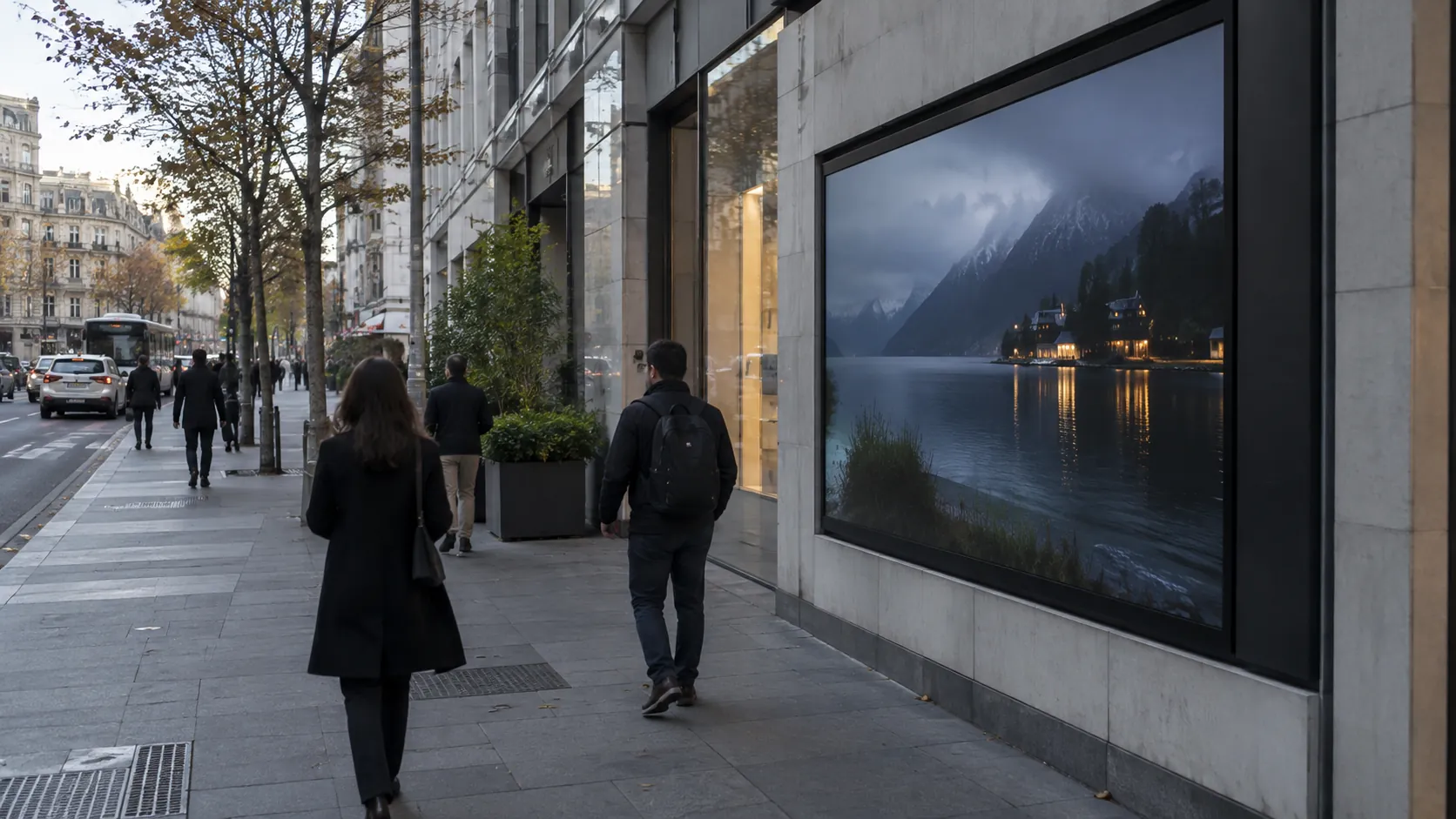 Concept scene: a street-level digital screen beside a city sidewalk is viewed naturally from the side with pedestrians passing, screen showing a realistic dim photographic scene with no readable text; illustrative only, not a real placement or measurement result.
